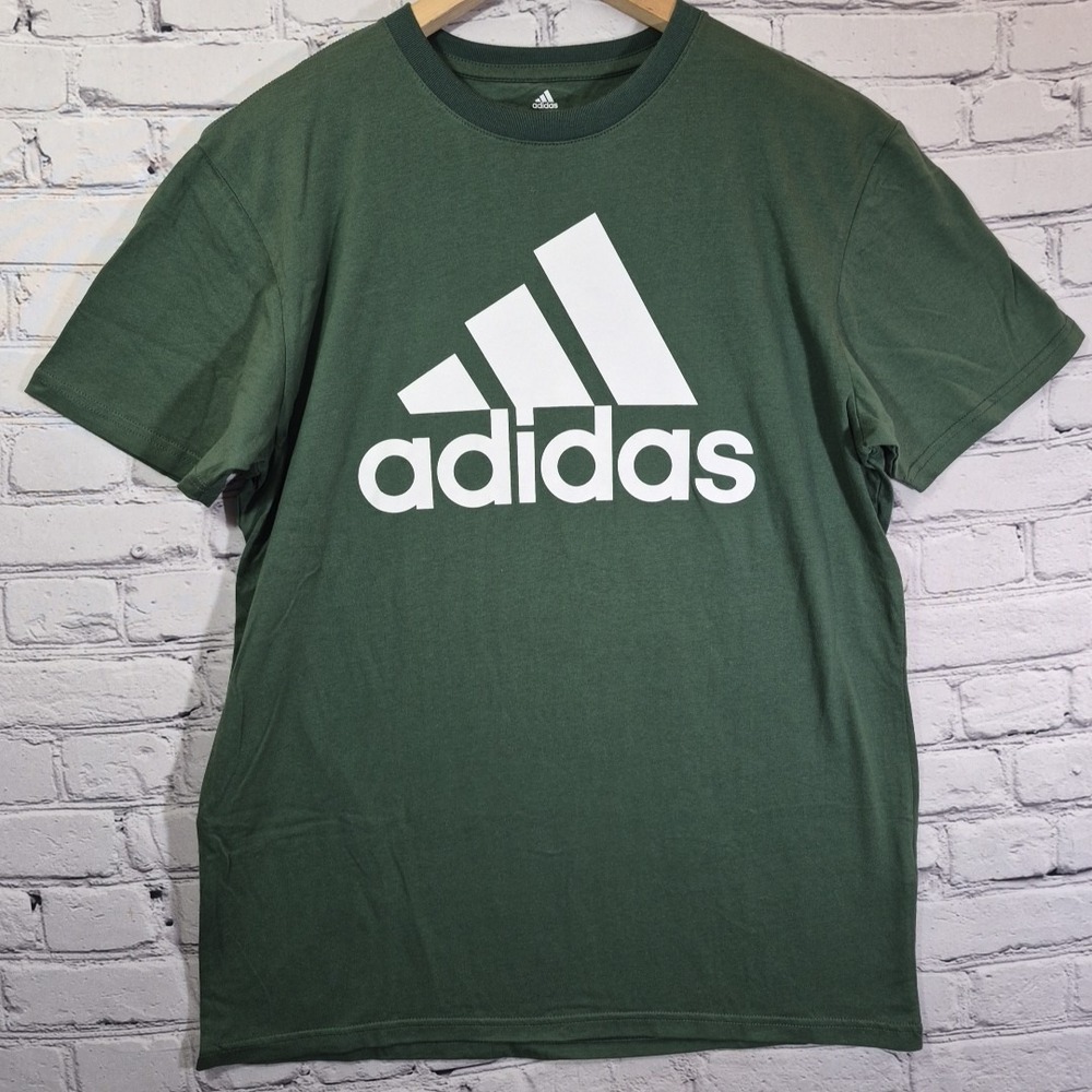 Adidas Golf T-Shirt Mens Size L Olive Green Mountain Logo Spell Out Short Sleeve